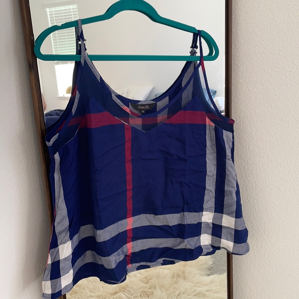 Blue Plaid Tank Top with Mesh Amaryllis Apparel